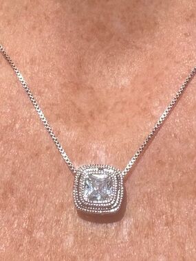 925 Sterling Silver Cubic Zirconia Cushion Cut, Halo Pendant On 16” Box Chain